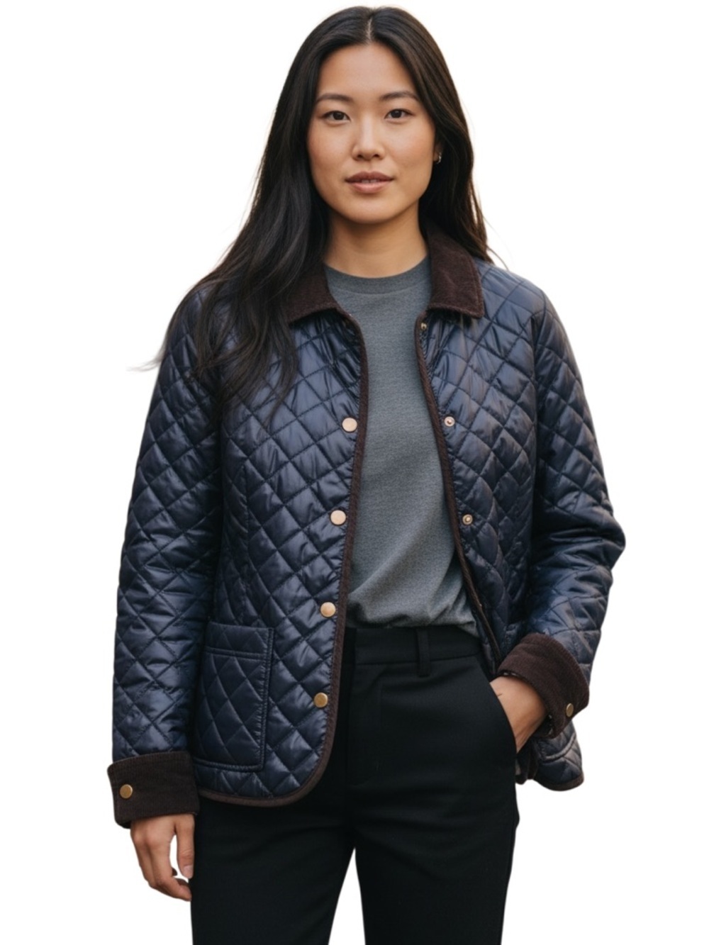 Tommy Hilfiger Quilted Navy Utility Jacket with Brown Trim